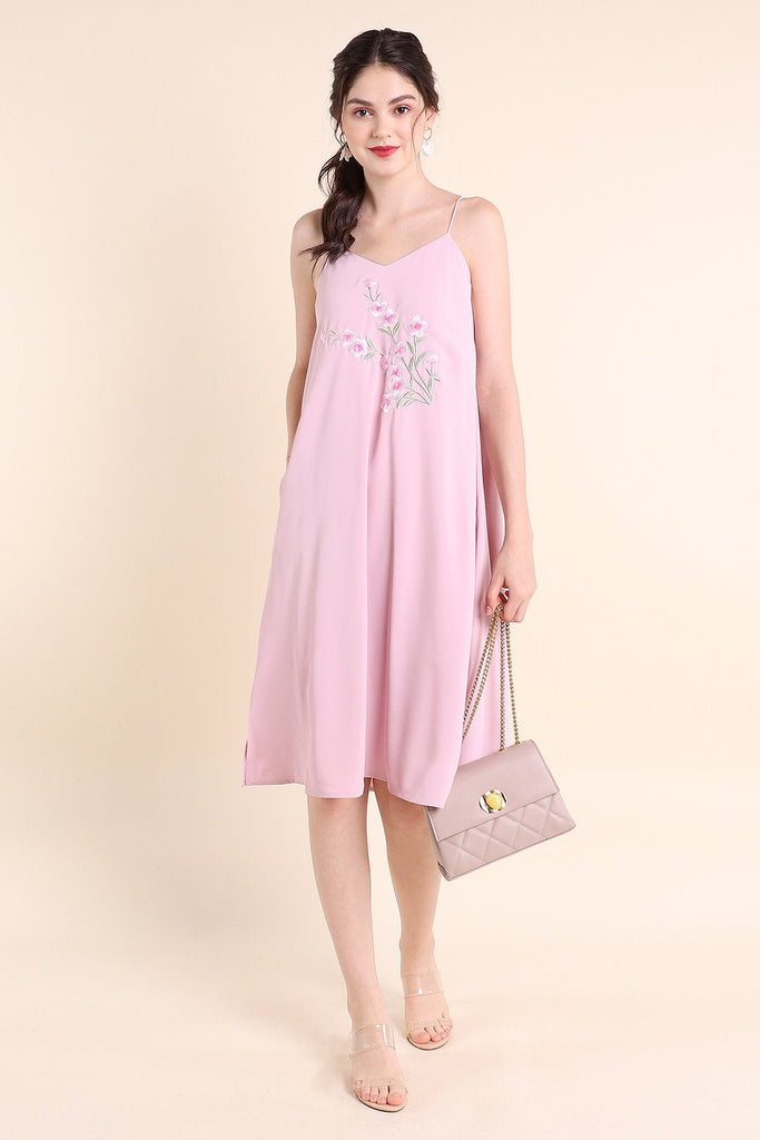 MADEBYNM BLISS FLORAL EMBROIDERY MIDI TRAPEZE DRESS IN PINK [XS/S/M/L]  - NEONMELLO