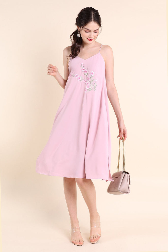 MADEBYNM BLISS FLORAL EMBROIDERY MIDI TRAPEZE DRESS IN PINK [XS/S/M/L]  - NEONMELLO