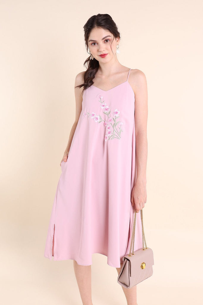 MADEBYNM BLISS FLORAL EMBROIDERY MIDI TRAPEZE DRESS IN PINK [XS/S/M/L]  - NEONMELLO