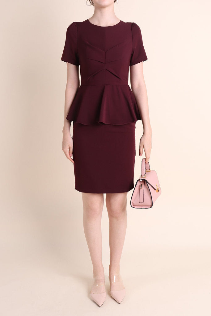 MADEBYNM BRONTE GATHERED PEPLUM FITTED WORK DRESS IN MAROON [XS/S/M/L/XL] - NEONMELLO