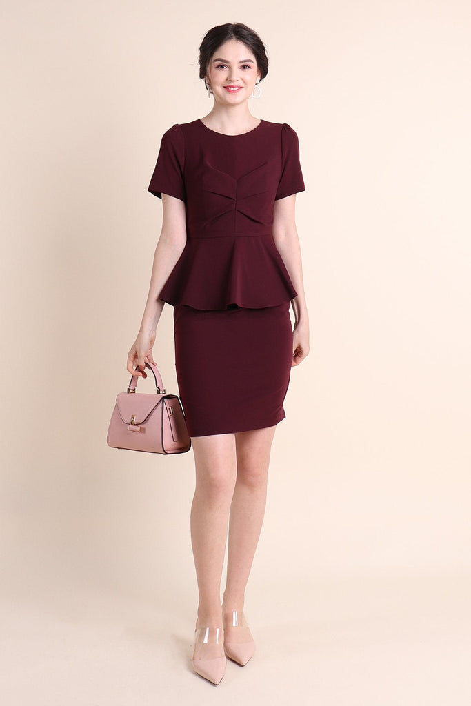 MADEBYNM BRONTE GATHERED PEPLUM FITTED WORK DRESS IN MAROON [XS/S/M/L/XL] - NEONMELLO