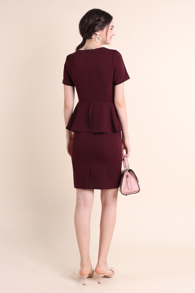 MADEBYNM BRONTE GATHERED PEPLUM FITTED WORK DRESS IN MAROON [XS/S/M/L/XL] - NEONMELLO