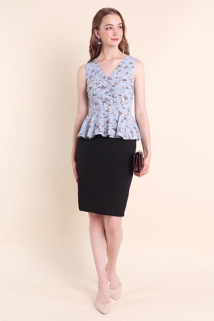 MADEBYNM DONATELLO FLORAL PEPLUM WORK DRESS IN POWDER BLUE [S/M/L] - NEONMELLO