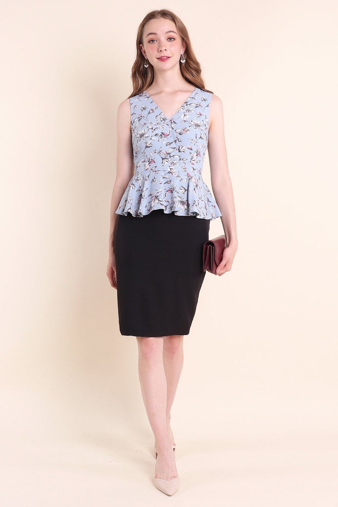 MADEBYNM DONATELLO FLORAL PEPLUM WORK DRESS IN POWDER BLUE [S/M/L] - NEONMELLO