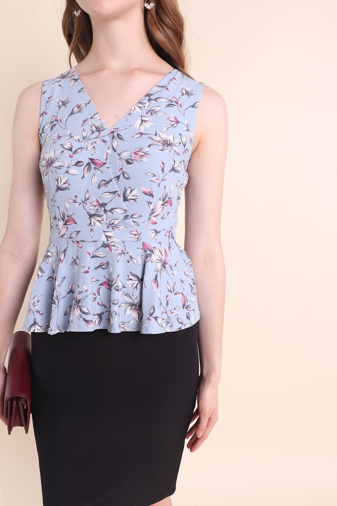 MADEBYNM DONATELLO FLORAL PEPLUM WORK DRESS IN POWDER BLUE [S/M/L] - NEONMELLO