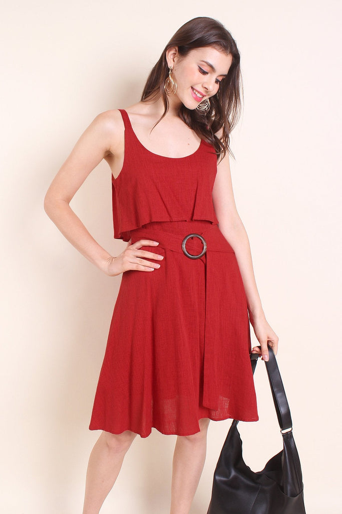 MADEBYNM KAIA TIER BELTED LINEN SUMMER DRESS IN BURNT ORANGE [XS/S/M/L] - NEONMELLO