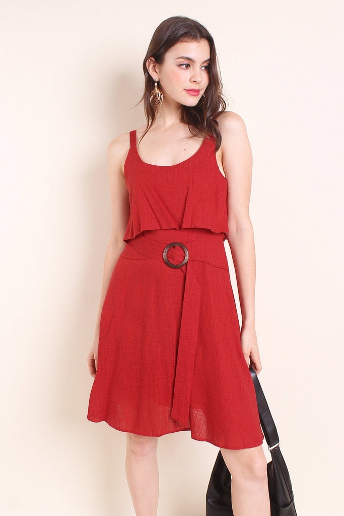 MADEBYNM KAIA TIER BELTED LINEN SUMMER DRESS IN BURNT ORANGE [XS/S/M/L] - NEONMELLO