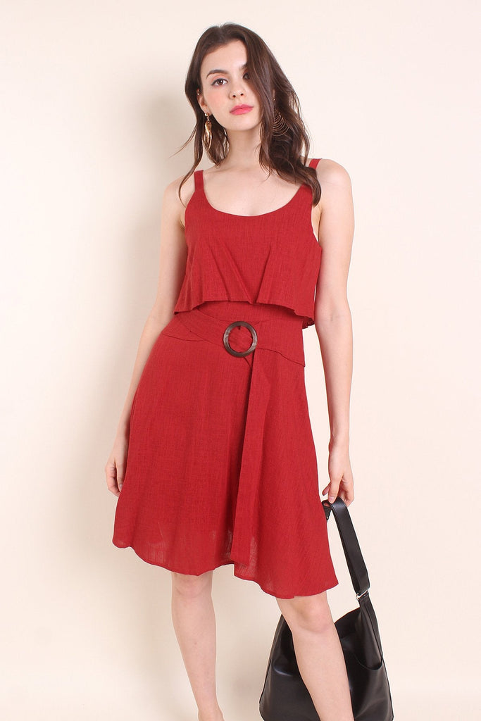 MADEBYNM KAIA TIER BELTED LINEN SUMMER DRESS IN BURNT ORANGE [XS/S/M/L] - NEONMELLO