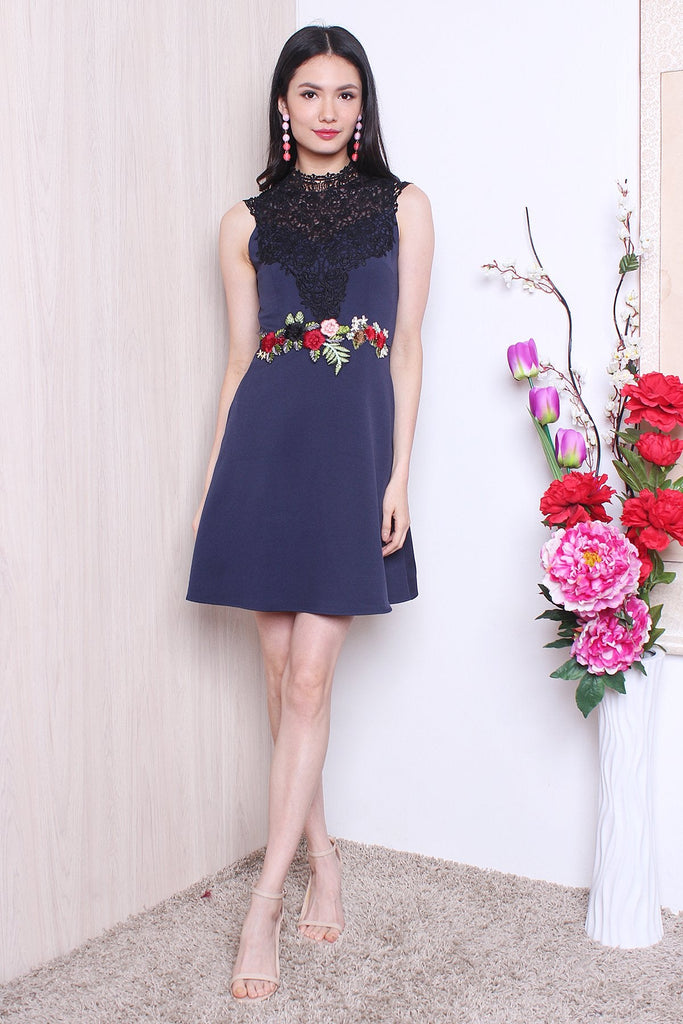 MADEBYNM LULA APPLIQUE EMBROIDERY CROCHET NECKLINE DRESS IN NAVY BLUE [XS/S/M/L] - NEONMELLO