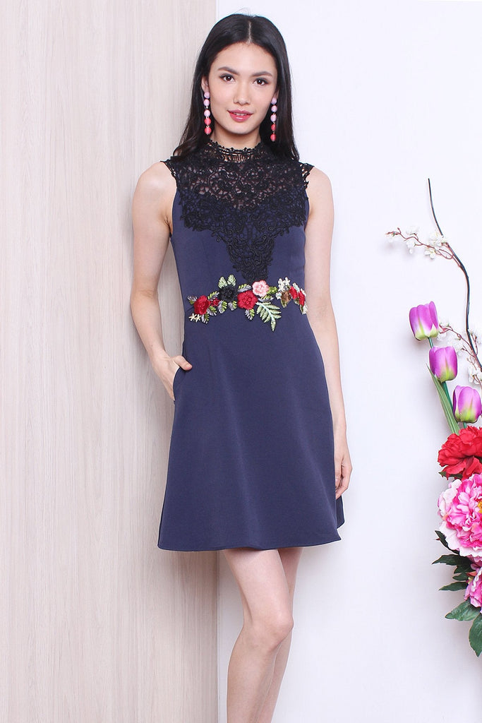 MADEBYNM LULA APPLIQUE EMBROIDERY CROCHET NECKLINE DRESS IN NAVY BLUE [XS/S/M/L] - NEONMELLO