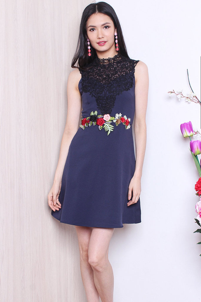 MADEBYNM LULA APPLIQUE EMBROIDERY CROCHET NECKLINE DRESS IN NAVY BLUE [XS/S/M/L] - NEONMELLO