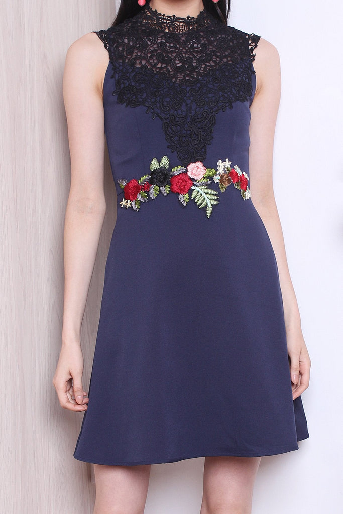 MADEBYNM LULA APPLIQUE EMBROIDERY CROCHET NECKLINE DRESS IN NAVY BLUE [XS/S/M/L] - NEONMELLO