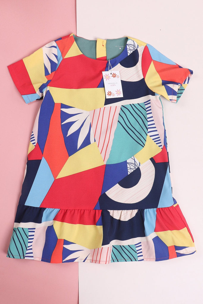 MADEBYNM NM KIDS JOYTON COLOURFUL ABSTRACT SLEEVE SHIFT DRESS [12M/18M/2Y/3Y/4Y/5Y/6Y] - NEONMELLO