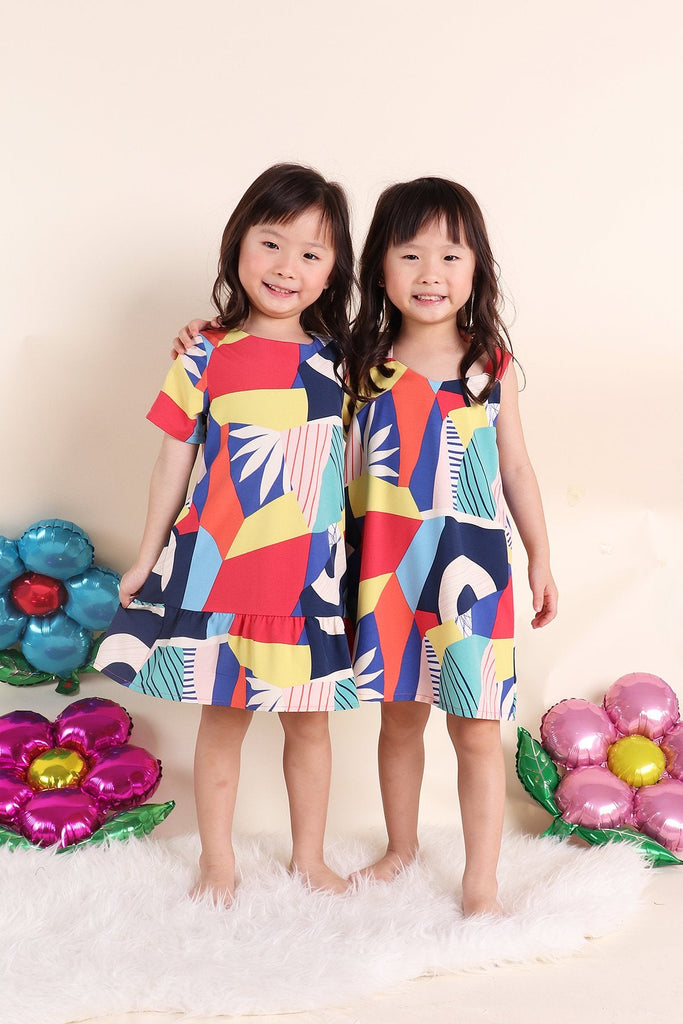 MADEBYNM NM KIDS JOYTON COLOURFUL ABSTRACT SLEEVE SHIFT DRESS [12M/18M/2Y/3Y/4Y/5Y/6Y] - NEONMELLO