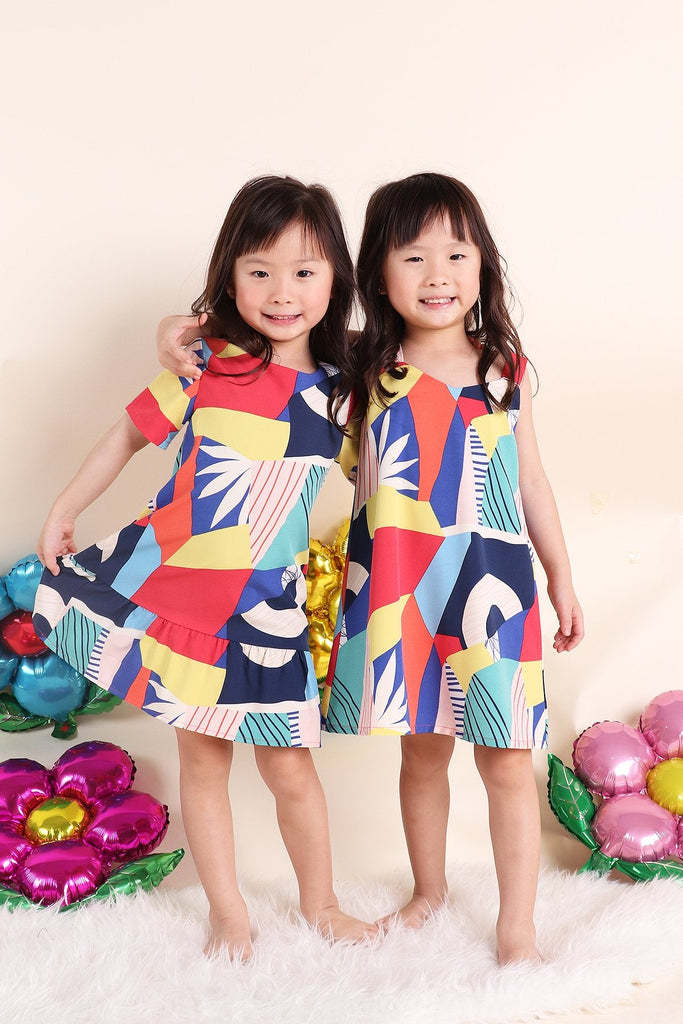 MADEBYNM NM KIDS JOYTON COLOURFUL ABSTRACT SLEEVE SHIFT DRESS [12M/18M/2Y/3Y/4Y/5Y/6Y] - NEONMELLO