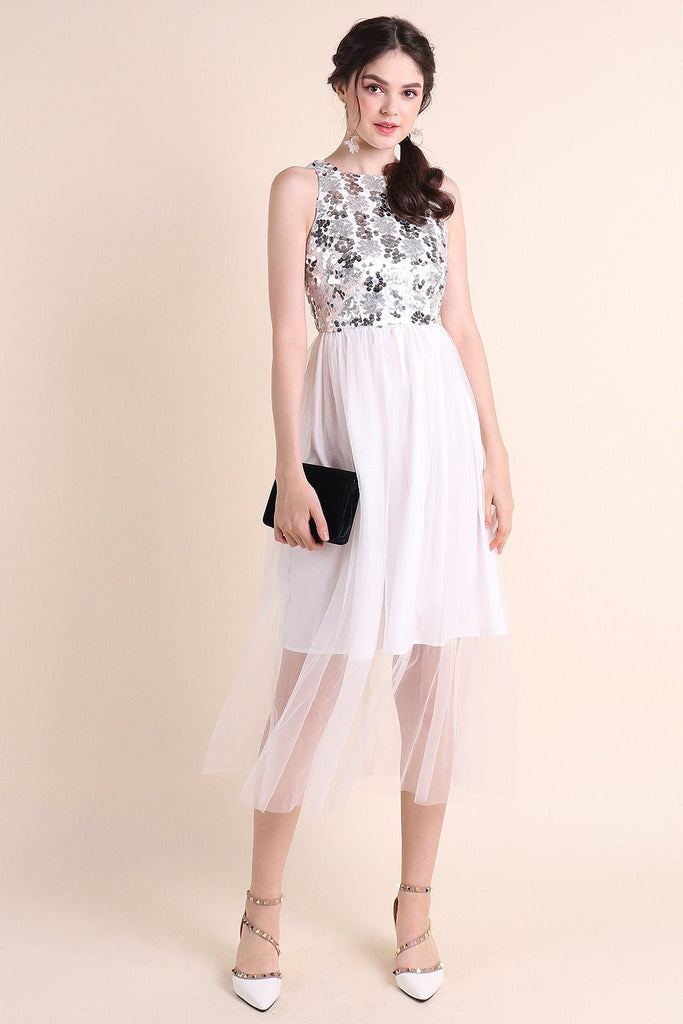 MADEBYNM PALERMO SEQUIN TULLE MIDI DRESS IN WHITE [XS/S/M/L] - NEONMELLO