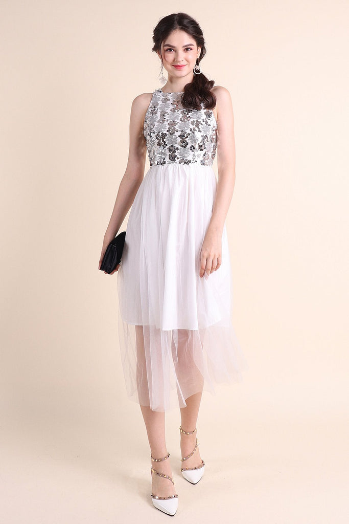 MADEBYNM PALERMO SEQUIN TULLE MIDI DRESS IN WHITE [XS/S/M/L] - NEONMELLO