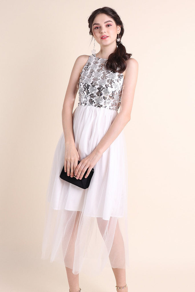 MADEBYNM PALERMO SEQUIN TULLE MIDI DRESS IN WHITE [XS/S/M/L] - NEONMELLO