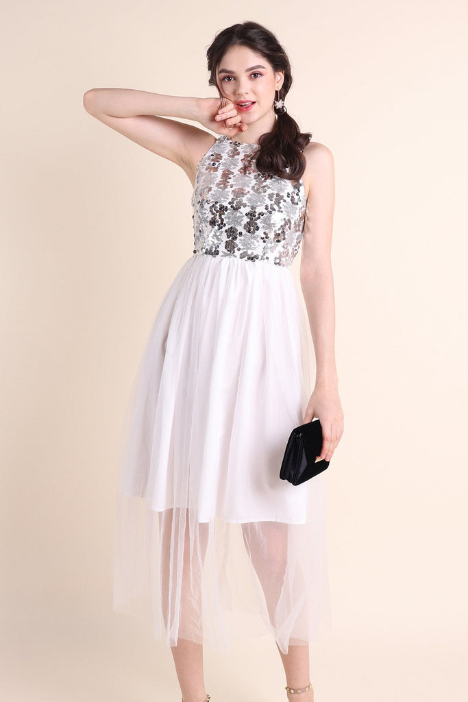 MADEBYNM PALERMO SEQUIN TULLE MIDI DRESS IN WHITE [XS/S/M/L] - NEONMELLO