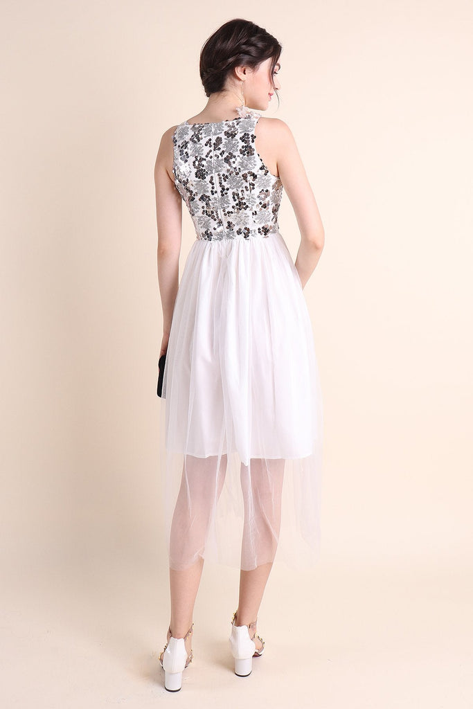 MADEBYNM PALERMO SEQUIN TULLE MIDI DRESS IN WHITE [XS/S/M/L] - NEONMELLO