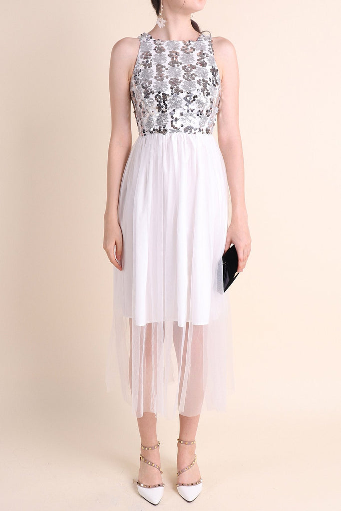 MADEBYNM PALERMO SEQUIN TULLE MIDI DRESS IN WHITE [XS/S/M/L] - NEONMELLO