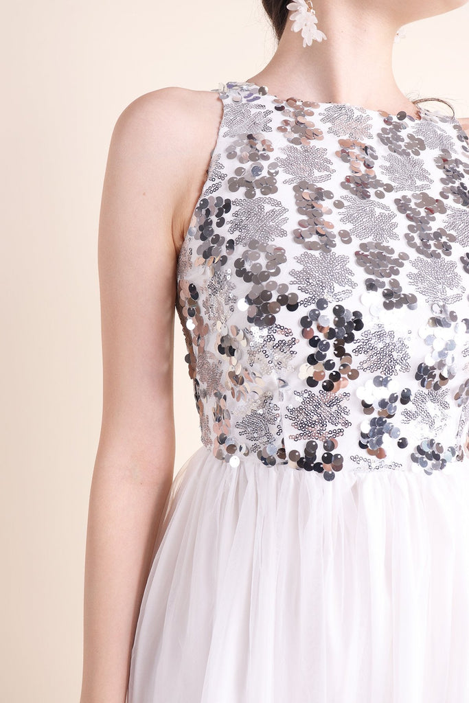 MADEBYNM PALERMO SEQUIN TULLE MIDI DRESS IN WHITE [XS/S/M/L] - NEONMELLO