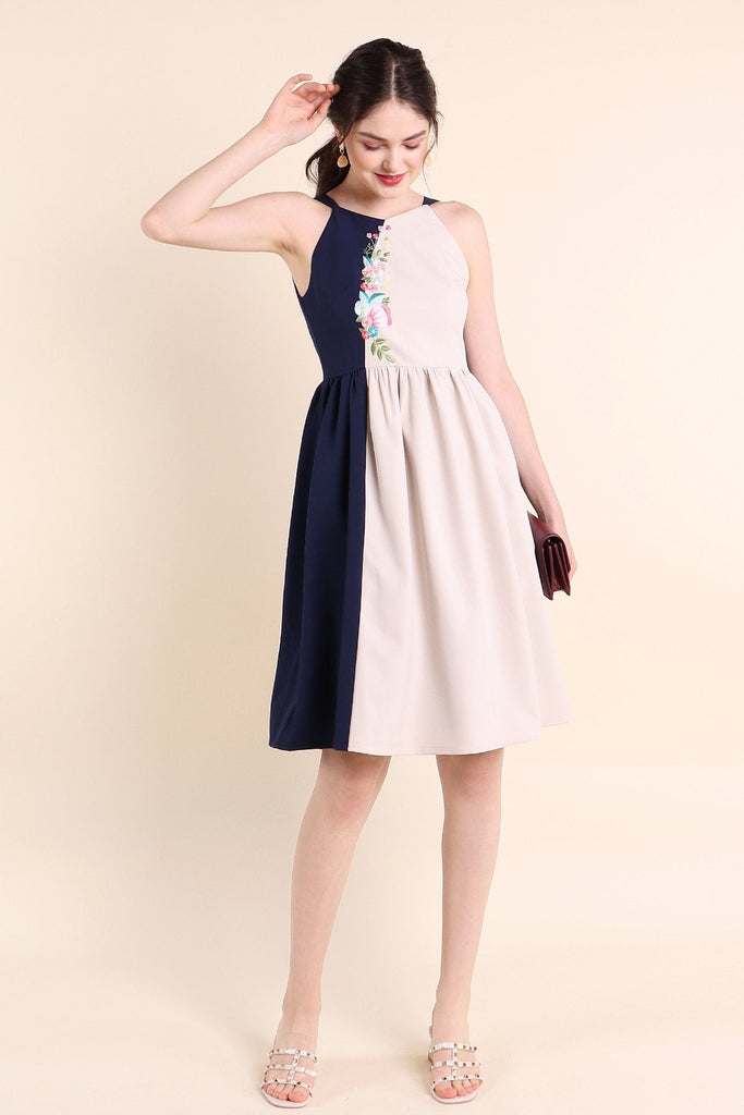 MADEBYNM SPRING SONATA EMBROIDERY COLOURBLOCK MIDI DRESS IN NAVY/OAT [XS/S/M/L/XL] - NEONMELLO